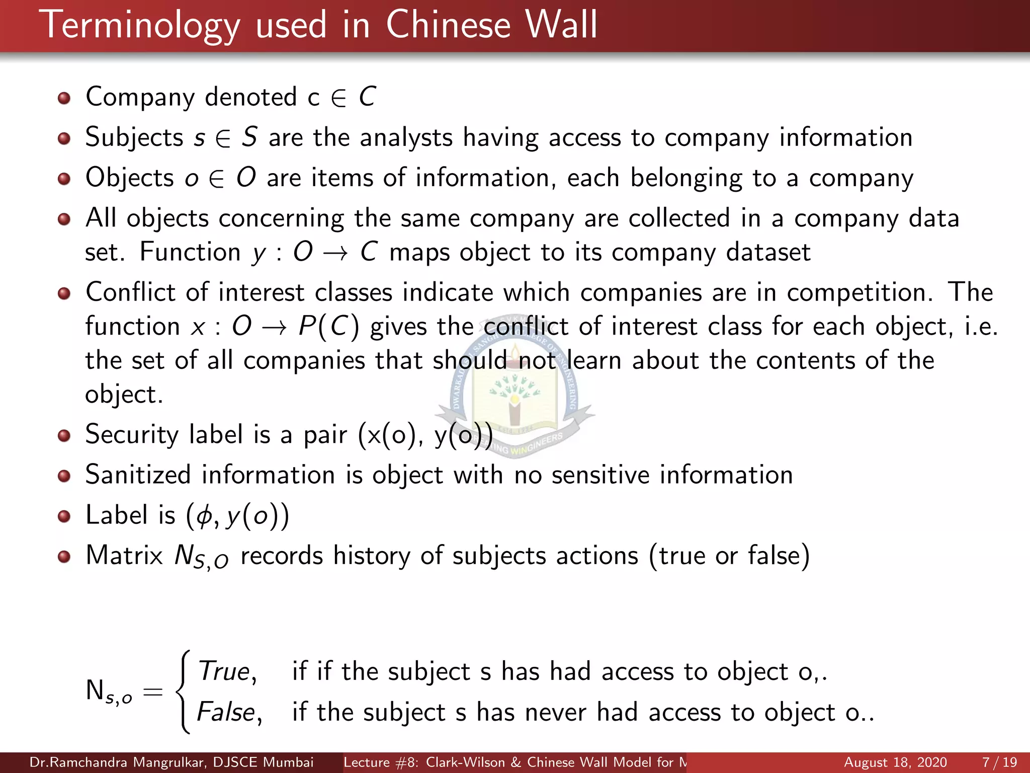 Lecture #8: Clark-Wilson & Chinese Wall Model for Multilevel Security | PDF