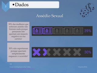 Assédio Sexual
http://www.elephantinthevalley.com/
39% das mulheres que
sofreram assédio não
fizeram nada porque
pensaram não
queriam um impacto
negativo na sua
carreira1
30% não reportaram
porque queriam
simplesmente
esquecer o ocorrido1
3 •Dados
 