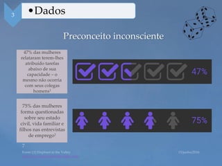 Preconceito inconsciente
http://www.elephantinthevalley.com/
3 •Dados
47% das mulheres
relataram terem-lhes
atribuído tarefas
abaixo de sua
capacidade – o
mesmo não ocorria
com seus colegas
homens1
75% das mulheres
forma questionadas
sobre seu estado
civil, vida familiar e
filhos nas entrevistas
de emprego1
 