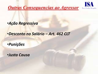 Outras Consequencias ao Agressor


•Ação Regressiva

•Desconto no Salário – Art. 462 CLT

•Punições

•Justa Causa
 