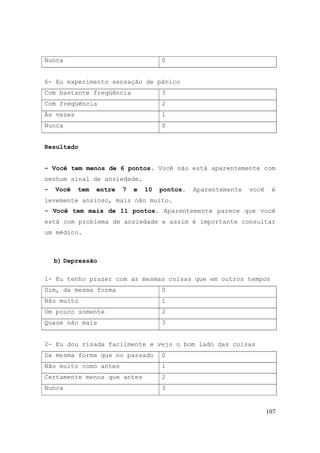 107
Nunca 0
6- Eu experimento sensação de pânico
Com bastante freqüência 3
Com freqüência 2
Às vezes 1
Nunca 0
Resultado
- Você tem menos de 6 pontos. Você não está aparentemente com
nenhum sinal de ansiedade.
- Você tem entre 7 e 10 pontos. Aparentemente você é
levemente ansioso, mais não muito.
- Você tem mais de 11 pontos. Aparentemente parece que você
está com problema de ansiedade e assim é importante consultar
um médico.
b) Depressão
1- Eu tenho prazer com as mesmas coisas que em outros tempos
Sim, da mesma forma 0
Não muito 1
Um pouco somente 2
Quase não mais 3
2- Eu dou risada facilmente e vejo o bom lado das coisas
Da mesma forma que no passado 0
Não muito como antes 1
Certamente menos que antes 2
Nunca 3
 