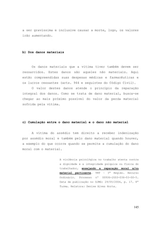 145
a ser gravíssima e inclusive causar a morte, logo, os valores
irão aumentando.
b) Dos danos materiais
Os danos materiais que a vítima tiver também devem ser
ressarcidos. Estes danos são aqueles não materiais. Aqui
estão compreendidas suas despesas médicas e farmacêuticas e
os lucros cessantes (arts. 944 e seguintes do Código Civil).
O valor destes danos atende o princípio da reparação
integral dos danos. Como se trata de dano material, busca-se
chegar ao mais próximo possível do valor da perda material
sofrida pela vítima.
c) Cumulação entre o dano material e o dano não material
A vítima do assédio tem direito a receber indenização
por assédio moral e também pelo dano material quando houver,
a exemplo do que ocorre quando se permite a cumulação do dano
moral com o material.
A violência psicológica no trabalho atenta contra
a dignidade e a integridade psíquica ou física do
trabalhador, ensejando a reparação moral e/ou
material pertinente. TRT – 3ª Região. Recurso
Ordinário. Processo nº 00936-2003-036-03-00-5.
Data de publicação no DJMG: 29/05/2004, p. 17. 8ª
Turma. Relatora: Denise Alves Horta.
 
