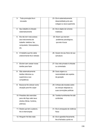 190
3- Toda promoção lhe é
recusada
23- Ela é sistematicamente
desacreditada junto aos
colegas ou seus superiores
4- Seu trabalho é criticado
sistematicamente
24- Ele é objeto de rumores
maldosos
5- Ela não tem mais acesso
aos instrumentos de
trabalho: telefone, fax,
computador, fotocopiadora,
etc.
25- Dizem que ela tem
problemas psicológicos,
que ela é louca
6- O trabalho que lhe cabia
anteriormente lhe é retirado
26- Gozam de seu físico de sua
caricatura
7- Ela tem sem cessar novas
tarefas para fazer
27- Sua vida privada é criticada
ou comentada
8- Dão sistematicamente
tarefas inferiores ou
superiores a sua
competência
28- Suas origens ou
nacionalidade são sujeitos
de gozação
9- Busca-se lhe colocar numa
situação para lhe culpar
29- Críticas são levadas sobre
as crenças religiosas ou
suas convicções políticas
10- Pressões são exercidas
para não faça valer seus
direitos (férias, horários,
prêmios)
30- Tarefas humilhantes lhe são
conferidas
11- Desde que tem a palavra,
lhe é interrompida
31- Ela é ameaçada de violência
física
12- Ninguém lhe fala nada 32- Ela é agredida fisicamente,
lhe é fechada a porta na
 