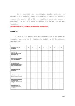214
Se o conjunto das estratégias usadas centrado na
emoção é mais elevado, realize estratégias centradas sobre a
sustentação social (21 a 30) e estratégias centradas sobre o
problema (1 a 10) para você se apropriar e os aplicar no seu
trabalho.
Questionário nº 8: Avaliação do ambiente de trabalho
Conselho
Atribua a cada proposição descrevendo para o ambiente de
trabalho uma nota de 0 (totalmente falso) a 10 (totalmente
verdadeiro).
Na sua empresa ou
instituição
0 1 2 3 4 5 6 7 8 9 10
Os direitos dos
trabalhadores são uma
preocupação real
As decisões tomadas em
grupo são respeitadas
Os responsáveis se
esforçam para ser justos
frente aos trabalhadores
As regras morais são
respeitadas
As decisões são tomadas
após consulta e discussão
As decisões tomadas são
argumentadas e
explicadas as pessoas em
questão
Os trabalhadores se
sentem reconhecidos e
respeitados
 