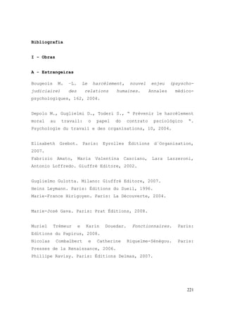 221
Bibliografia
I - Obras
A - Estrangeiras
Bougeois M. –L. Le harcèlement, nouvel enjeu (psyscho-
judiciaire) des relations humaines. Annales médico-
psychologiques, 162, 2004.
Depolo M., Guglielmi D., Toderi S., “ Prévenir le harcélement
moral au travail: o papel do contrato psciológico “.
Psychologie du travail e des organisations, 10, 2004.
Elisabeth Grebot. Paris: Eyrolles Éditions d´Organisation,
2007.
Fabrizio Amato, Maria Valentina Casciano, Lara Lazzeroni,
Antonio Loffredo. Giuffrè Editore, 2002.
Guglielmo Gulotta. Milano: Giuffré Editore, 2007.
Heinz Leymann. Paris: Éditions du Sueil, 1996.
Marie-France Hirigoyen. Paris: La Découverte, 2004.
Marie-José Gava. Paris: Prat Éditions, 2008.
Muriel Trémeur e Karin Douedar. Fonctionnaires. Paris:
Editions du Papirus, 2008.
Nicolas Combalbert e Catherine Riquelme-Sénégou. Paris:
Presses de la Renaissance, 2006.
Phillipe Ravisy. Paris: Éditions Delmas, 2007.
 