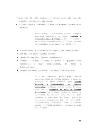 65
• A privar de toda ocupação e cuidar para que ela não
encontre nenhuma por ela mesma;
• A constrangir a realizar tarefas totalmente inúteis e/ou
absurdas;
Assédio moral. ...permanecendo a autora, antiga a
experiente funcionária do Banco, limitada a
verificar e-mails do Banco;... TRT – 10ª Região –
RO nº 01154-2005-011-10-00-0 – 2ª Turma. Relator
juiz Brasilino Santos Ramos – DJ: 09/02/2007.
• A encarregar de tarefas inferiores a sua competência;
• Dar-lhe sem parar tarefas novas;
• Fazer-lhe executar tarefas humilhantes;
• Confiar à vítima tarefas exigentes e qualificações
superiores a suas competências, de forma a
desacreditar;
• Exigir-lhe metas de difícil ou impossível alcance.
TRT – PR – 24-04-2007 ASSÉDIO MORAL. CONDUTA
AGRESSIVA. METAS DE DIFÍCIL ALCANCE. O abuso no
exercício do poder diretivo, pela conduta
agressiva e constrangedora do superior
hierárquico, configura assédio moral, da mesma
forma que a exigência de metas de extrema
dificuldade, com o claro intuito de solapar a
auto-estima do empregado que, frustrado pelo
insucesso no cumprimento das ordens, aceita ou
mesmo pede o desligamento. TRT – PR – 15788-2003-
012-09-00-0-ACO-10305-2007-2ª TURMA – RELATOR:
MARLENE T. FUVERKI SUGUIMATSU. Publicado no DJPR
em 24-04-2007
 