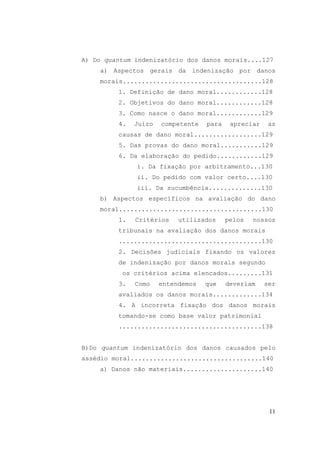 11
A) Do quantum indenizatório dos danos morais....127
a) Aspectos gerais da indenização por danos
morais.....................................128
1. Definição de dano moral............128
2. Objetivos do dano moral............128
3. Como nasce o dano moral............129
4. Juízo competente para apreciar as
causas de dano moral..................129
5. Das provas do dano moral...........129
6. Da elaboração do pedido............129
i. Da fixação por arbitramento...130
ii. Do pedido com valor certo....130
iii. Da sucumbência..............130
b) Aspectos específicos na avaliação do dano
moral......................................130
1. Critérios utilizados pelos nossos
tribunais na avaliação dos danos morais
......................................130
2. Decisões judiciais fixando os valores
de indenização por danos morais segundo
os critérios acima elencados.........131
3. Como entendemos que deveriam ser
avaliados os danos morais.............134
4. A incorreta fixação dos danos morais
tomando-se como base valor patrimonial
......................................138
B)Do quantum indenizatório dos danos causados pelo
assédio moral...................................140
a) Danos não materiais.....................140
 