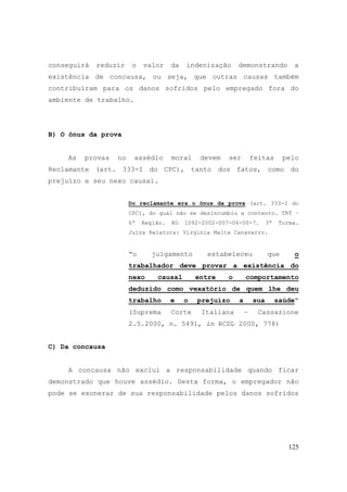 125
conseguirá reduzir o valor da indenização demonstrando a
existência de concausa, ou seja, que outras causas também
contribuíram para os danos sofridos pelo empregado fora do
ambiente de trabalho.
B) O ônus da prova
As provas no assédio moral devem ser feitas pelo
Reclamante (art. 333-I do CPC), tanto dos fatos, como do
prejuízo e seu nexo causal.
Do reclamante era o ônus da prova (art. 333-I do
CPC), do qual não se desincumbiu a contento. TRT –
6ª Região. RO 1092-2002-007-06-00-7. 3ª Turma.
Juíza Relatora: Virgínia Malta Canavarro.
“o julgamento estabeleceu que o
trabalhador deve provar a existência do
nexo causal entre o comportamento
deduzido como vexatório de quem lhe deu
trabalho e o prejuízo a sua saúde“
(Suprema Corte Italiana – Cassazione
2.5.2000, n. 5491, in RCDL 2000, 778)
C) Da concausa
A concausa não exclui a responsabilidade quando ficar
demonstrado que houve assédio. Desta forma, o empregador não
pode se exonerar de sua responsabilidade pelos danos sofridos
 