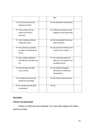 191
cara
13- Se comunicam com ela
apenas por escrito
33- Se direcionam a ela gritando
14- Todo contato com ela,
mesmo que visual é
suprimido
34- Telefones anônimos lhe são
dirigidos na sua vida privada
15- Ela é instalada de forma
isolada dos outros
35- Ela é fiscalizada fora de seu
local de trabalho
16- Sua presença é ignorada,
se dirigem unicamente aos
outros
36- Seu veículo foi batido (pneus
murchos, carro riscado, ...)
17- Seus colegas receberam
conselho para não falar com
ela
37- Ela é agredida através de
gestos ou de propósitos com
conotação sexual
18- Ela não pode mais falar
com os outros
38- Ela recebe mensagens
eletrônicas ou telefônicas
ameaçadoras
19- A direção lhe recusa todo
pedido de manutenção
39- Ela recebe cartas anônimas
20- Em reunião, ela não pode
se expressar
40- Etc.
Resultado
Calcule sua pontuação
Indique o número de suas respostas “sim” para cada categoria de prática
abusiva ou hostil.
 