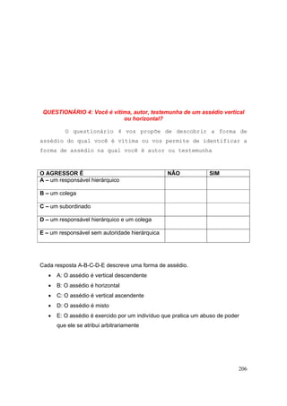 206
QUESTIONÁRIO 4: Você é vítima, autor, testemunha de um assédio vertical
ou horizontal?
O questionário 4 vos propõe de descobrir a forma de
assédio do qual você é vítima ou vos permite de identificar a
forma de assédio na qual você é autor ou testemunha
O AGRESSOR É NÃO SIM
A – um responsável hierárquico
B – um colega
C – um subordinado
D – um responsável hierárquico e um colega
E – um responsável sem autoridade hierárquica
Cada resposta A-B-C-D-E descreve uma forma de assédio.
• A: O assédio é vertical descendente
• B: O assédio é horizontal
• C: O assédio é vertical ascendente
• D: O assédio é misto
• E: O assédio é exercido por um indivíduo que pratica um abuso de poder
que ele se atribui arbitrariamente
 