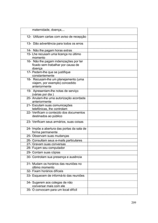 209
maternidade, doença,...
12- Utilizam cartas com aviso de recepção
13- Dão advertência para todos os erros
14- Não lhe pagam horas extras
15- Lhe recusam uma licença no último
momento
16- Não lhe pagam indenizações por ter
ficado sem trabalhar por causa de
doença
17- Pedem-lhe que se justifique
constantemente
18- Recusam-lhe um planejamento (uma
viajem, por exemplo) concedido
anteriormente
19- Apresentam-lhe notas de serviço
(várias por dia )
20- Anulam-lhe uma autorização acordada
anteriormente
21- Escutam suas comunicações
telefônicas, lhe controlam
22- Verificam o conteúdo dos documentos
destinados ao público
23- Verificam seus armários, suas coisas
24- Impõe a abertura das portas da sala de
forma permanente
25- Observam suas mudanças
26- Consultam seus e-mails particulares
27- Gravam suas conversas
28- Fuçam seu computador
29- Contam suas cópias
30- Controlam sua presença e ausência
31- Mudam os horários das reuniões no
último momento
32- Fixam horários difíceis
33- Esquecem de informá-lo das reuniões
34- Sugerem aos colegas de não
conversar mais com ele
35- O convocam para um local difícil
 