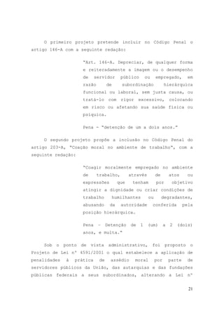 21
O primeiro projeto pretende incluir no Código Penal o
artigo 146-A com a seguinte redação:
“Art. 146-A. Depreciar, de qualquer forma
e reiteradamente a imagem ou o desempenho
de servidor público ou empregado, em
razão de subordinação hierárquica
funcional ou laboral, sem justa causa, ou
tratá-lo com rigor excessivo, colocando
em risco ou afetando sua saúde física ou
psíquica.
Pena - “detenção de um a dois anos.”
O segundo projeto propõe a inclusão no Código Penal do
artigo 203-A, “Coação moral no ambiente de trabalho“, com a
seguinte redação:
“Coagir moralmente empregado no ambiente
de trabalho, através de atos ou
expressões que tenham por objetivo
atingir a dignidade ou criar condições de
trabalho humilhantes ou degradantes,
abusando da autoridade conferida pela
posição hierárquica.
Pena – Detenção de 1 (um) a 2 (dois)
anos, e multa.“
Sob o ponto de vista administrativo, foi proposto o
Projeto de Lei nº 4591/2001 o qual estabelece a aplicação de
penalidades à prática de assédio moral por parte de
servidores públicos da União, das autarquias e das fundações
públicas federais a seus subordinados, alterando a Lei nº
 