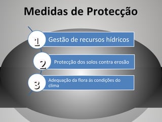 Medidas de Protecção
1

2
3

Gestão de recursos hídricos
Protecção dos solos contra erosão
Adequação da flora ás condições do
clima

 