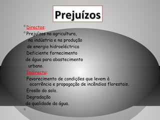 Prejuízos
* Directos:
* Prejuízos na agricultura,
na indústria e na produção
de energia hidroeléctrica
* Deficiente fornecimento
de água para abastecimento
urbano.
* Indirecto:
* Favorecimento de condições que levem à
ocorrência e propagação de incêndios florestais.
* Erosão do solo.
* Degradação
da qualidade da água.

*

 