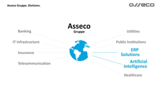 Asseco Gruppe. Divisions.
Asseco
Gruppe
Telecommunication
Banking
Insurance
IT Infrastructure
Healthcare
Utilities
ERP
Solutions
Public Institutions
Artificial
Intelligence
 