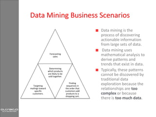 Data Mining Business ScenariosData mining is the process of discovering actionable information from large sets of data. Data mining uses mathematical analysis to derive patterns and trends that exist in data. Typically, these patterns cannot be discovered by traditional data exploration because the relationships are too complex or because there is too much data. 