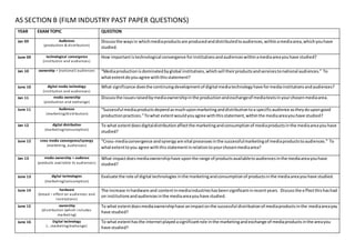 AS SECTION B (FILM INDUSTRY PAST PAPER QUESTIONS)
YEAR EXAM TOPIC QUESTION
Jan 09 Audiences
(production & distribution)
Discussthe waysin whichmediaproductsare producedanddistributedtoaudiences,withinamediaarea,whichyouhave
studied.
June 09 technological convergence
(institution and audiences)
How importantistechnological convergence forinstitutionsandaudienceswithinamediaareayouhave studied?
Jan 10 ownership + (national) audiences “Mediaproductionisdominatedbyglobal institutions,whichsell theirproductsandservicestonational audiences.” To
whatextentdoyouagree withthisstatement?
June 10 digital media technology
(institution and audiences)
What significance doesthe continuingdevelopmentof digital mediatechnologyhave formediainstitutionsandaudiences?
Jan 11 media ownership
(production and exchange)
Discussthe issuesraisedbymediaownershipinthe productionandexchangeof mediatextsinyourchosenmediaarea.
June 11 Audiences
(marketing/distribution)
“Successful mediaproductsdependasmuchuponmarketinganddistributiontoa specificaudience astheydoupongood
productionpractices.”Towhat extentwouldyouagree withthisstatement,withinthe mediaareayouhave studied?
Jan 12 digital distribution
(marketing/consumption)
To what extentdoesdigitaldistributionaffectthe marketingandconsumptionof mediaproductsinthe mediaareayouhave
studied?
June 12 cross media convergence/synergy
(marketing, audiences)
“Cross-mediaconvergence andsynergyare vital processesinthe successfulmarketingof mediaproductstoaudiences.” To
whatextenttoyou agree withthisstatementinrelationtoyourchosenmediaarea?
Jan 13 media ownership + audience
(products available to audiences)
What impactdoesmediaownershiphave uponthe range of productsavailabletoaudiencesinthe mediaareayouhave
studied?
June 13 digital technologies
(marketing/consumption)
Evaluate the role of digital technologies inthe marketingandconsumptionof productsinthe mediaareayouhave studied.
June 14 hardware
(broad – effect on audiences and
institutions)
The increase inhardware and contentinmediaindustrieshasbeensignificantinrecentyears. Discussthe effectthishashad
on institutionsandaudiencesinthe mediaareayouhave studied.
June 15 ownership
(distribution (which includes
marketing)
To what extentdoesmediaownershiphave animpactonthe successful distributionof mediaproductsinthe mediaareayou
have studied?
June 16 Digital technology
(….marketing/exchange)
To what extenthasthe internetplayed asignificantrole inthe marketingandexchange of mediaproductsinthe areayou
have studied?
 