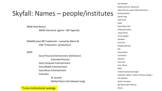 Skyfall: Names – people/institutes
MGM (distributor)
MGM Interactive (game – 007 legends)
DANJAQ (own 007 trademark – owned by Albert B)
EON Productions (production)
SONY
Sony Pictures Entertainment (distributor)
Columbia Pictures
Sony Computer Entertainment
Sony Mobile Entertainment
Sony Music Entertainment
Columbia
XL records
Melted Stone Ltd (released song)
Sam Mendes
Barbara Broccoli (producer)
Albert Broccoli (owns EON productions)
Richard Deakins
Daniel Craig
Judy Dench
Adele
Royal Albert Hall
Pinewood Studios
Royal Family
iTunes (Apple)
Heineken
Coze Zero
Omega (watches)
OPI
Aston Martin
Visit Britain
Olympics -
Sony Vaio
Sony XPeria
IMAX
Youtube (owned by Google)
Facebook, Twitter, Tumblr, Pinterest, Google +
Film Website
Rotten Tomatoes
Sky Movies (007 feature)
Oscars*cross institutional synergy
 