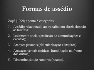 Formas de assédio
Zapf (1999) aponta 5 categorias:
1. Assédio relacionado ao trabalho em si(relacionado
às tarefas);
2. Isolamento social (exclusão de comunicações e
eventos);
3. Ataques pessoais (ridicularização e insultos);
4. Ameaças verbais (críticas, humilhação na frente
dos outros);
5. Disseminação de rumores (boatos).
 