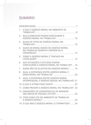 SUMÁRIO
APRESENTAÇÃO..................................................................................7
1. O QUE É ASSÉDIO MORAL NO AMBIENTE DE
TRABALHO?...................................................................................8
2. QUE ELEMENTOS PODEM CONFIGURAR O
ASSÉDIO MORAL NO TRABALHO?...................................... 10
3. QUAIS OS TIPOS DE ASSÉDIO MORAL NO
TRABALHO?................................................................................ 10
4. QUAIS AS MODALIDADES DE ASSÉDIO MORAL
NO TRABALHO QUANTO A ORIGEM OU A
HIERARQUIA? ............................................................................ 12
5. COMO O ASSÉDIO MORAL É TRATADO NA
LEGISLAÇÃO? ........................................................................... 12
6. QUE SITUAÇÕES E ATITUDES PODEM
CONFIGURAR O ASSÉDIO MORAL NO TRABALHO? ..... 16
7. QUEM SÃO OS SUJEITOS DO ASSÉDIO MORAL?........... 19
8. QUAL A DIFERENÇA ENTRE ASSÉDIO MORAL E
DANO MORAL NO TRABALHO? ........................................... 20
9. QUAL A DIFERENÇA ENTRE ASSÉDIO MORAL
INTERPESSOAL E ASSÉDIO SEXUAL NO TRABALHO? .21
10. O QUE A VÍTIMA PODE FAZER?............................................ 22
11. COMO PROVAR O ASSÉDIO MORAL NO TRABALHO?... 23
12. GRAVAÇÕES DE CONVERSAS OU DE IMAGENS
SÃO MEIOS DE PROVAS LÍCITOS?...................................... 23
13. TODO CONFLITO NO AMBIENTE DE TRABALHO
É ASSÉDIO MORAL?................................................................. 24
14. O QUE NÃO É ASSÉDIO MORAL E É PERMITIDO?.......... 24
 