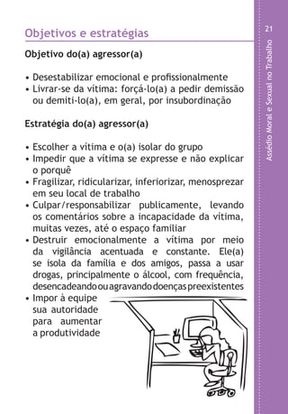 AssédioMoraleSexualnoTrabalho
21
o
o
s
à
Objetivos e estratégias
Objetivo do(a) agressor(a)
• Desestabilizar emocional e profissionalmente
• Livrar-se da vítima: forçá-lo(a) a pedir demissão
ou demiti-lo(a), em geral, por insubordinação
Estratégia do(a) agressor(a)
• Escolher a vítima e o(a) isolar do grupo
• Impedir que a vítima se expresse e não explicar
o porquê
• Fragilizar, ridicularizar, inferiorizar, menosprezar
em seu local de trabalho
• Culpar/responsabilizar publicamente, levando
os comentários sobre a incapacidade da vítima,
muitas vezes, até o espaço familiar
• Destruir emocionalmente a vítima por meio
da vigilância acentuada e constante. Ele(a)
se isola da família e dos amigos, passa a usar
drogas, principalmente o álcool, com frequência,
desencadeandoouagravandodoençaspreexistentes
• Impor à equipe
sua autoridade
para aumentar
a produtividade
LHA ASSEDIO MORAL E SEXUAL-105X150.indd 21 04/10/2011 14:49
 