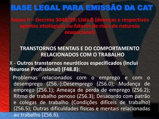 BASE LEGAL PARA EMISSÃO DA CAT 
Anexo II – Decreto 3048/99: Lista B (doenças e respectivos 
agentes etiológicos ou fatores de risco de natureza 
ocupacional) 
TRANSTORNOS MENTAIS E DO COMPORTAMENTO 
RELACIONADOS COM O TRABALHO 
X - Outros transtornos neuróticos especificados (Inclui 
Neurose Profissional) (F48.8): 
Problemas relacionados com o emprego e com o 
desemprego (Z56.-):Desemprego (Z56.0); Mudança de 
emprego (Z56.1); Ameaça de perda de emprego (Z56.2); 
Ritmo de trabalho penoso (Z56.3); Desacordo com patrão 
e colegas de trabalho (Condições difíceis de trabalho) 
(Z56.5); Outras dificuldades físicas e mentais relacionadas 
ao trabalho (Z56.6). 
 