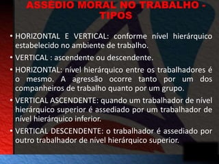 ASSÉDIO MORAL NO TRABALHO - 
TIPOS 
• HORIZONTAL E VERTICAL: conforme nível hierárquico 
estabelecido no ambiente de trabalho. 
• VERTICAL : ascendente ou descendente. 
• HORIZONTAL: nível hierárquico entre os trabalhadores é 
o mesmo. A agressão ocorre tanto por um dos 
companheiros de trabalho quanto por um grupo. 
• VERTICAL ASCENDENTE: quando um trabalhador de nível 
hierárquico superior é assediado por um trabalhador de 
nível hierárquico inferior. 
• VERTICAL DESCENDENTE: o trabalhador é assediado por 
outro trabalhador de nível hierárquico superior. 
 