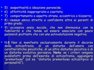  5)   sospettosità o ideazione paranoide;5)   sospettosità o ideazione paranoide;
 6)   affettività inappropriata o coartata;6)   affettività inappropriata o coartata;
 7)   comportamento7)   comportamento o aspettoo aspetto strano, eccentrico o bizzarro;strano, eccentrico o bizzarro;
 8)   nessun amico stretto o confidente oltre ai parenti di8)   nessun amico stretto o confidente oltre ai parenti di
primo grado;primo grado;
 9)   eccessiva ansia sociale, che non diminuisce con la9)   eccessiva ansia sociale, che non diminuisce con la
familiarità e che tende ad essere associata con paurefamiliarità e che tende ad essere associata con paure
paranoidi piuttosto che con una autovalutazione negativa;paranoidi piuttosto che con una autovalutazione negativa;
 N.B. Non si manifesta esclusivamente durante il decorsoN.B. Non si manifesta esclusivamente durante il decorso
della schizofrenia, di un disturbo dell’umore condella schizofrenia, di un disturbo dell’umore con
caratteristiche psicotiche, di un altro disturbo psicotico o dicaratteristiche psicotiche, di un altro disturbo psicotico o di
un disturbo evolutivo pervasivo.un disturbo evolutivo pervasivo. NotaNota: se i criteri vengono: se i criteri vengono
soddisfatti prima dell’esordio di schizofrenia, aggiungeresoddisfatti prima dell’esordio di schizofrenia, aggiungere
“premorboso” (ad es. “disturbo premorboso schizotipico di“premorboso” (ad es. “disturbo premorboso schizotipico di
personalità”).personalità”).
  
 