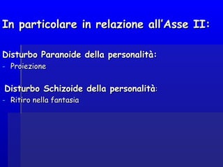 In particolare in relazione all’Asse II:In particolare in relazione all’Asse II:
Disturbo Paranoide della personalità:Disturbo Paranoide della personalità:
- ProiezioneProiezione
Disturbo Schizoide della personalitàDisturbo Schizoide della personalità::
- Ritiro nella fantasiaRitiro nella fantasia
 