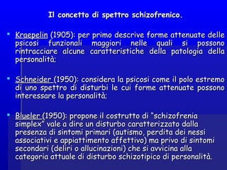 Il concetto di spettro schizofrenico.Il concetto di spettro schizofrenico.
 KraepelinKraepelin (1905): per primo descrive forme attenuate delle(1905): per primo descrive forme attenuate delle
psicosi funzionali maggiori nelle quali si possonopsicosi funzionali maggiori nelle quali si possono
rintracciare alcune caratteristiche della patologia dellarintracciare alcune caratteristiche della patologia della
personalità;personalità;
  
 SchneiderSchneider (1950): considera la psicosi come il polo estremo(1950): considera la psicosi come il polo estremo
di uno spettro di disturbi le cui forme attenuate possonodi uno spettro di disturbi le cui forme attenuate possono
interessare la personalità;interessare la personalità;
  
 BluelerBlueler (1950): propone il costrutto di “schizofrenia(1950): propone il costrutto di “schizofrenia
simplex” vale a dire un disturbo caratterizzato dallasimplex” vale a dire un disturbo caratterizzato dalla
presenza di sintomi primari (autismo, perdita dei nessipresenza di sintomi primari (autismo, perdita dei nessi
associativi e appiattimento affettivo) ma privo di sintomiassociativi e appiattimento affettivo) ma privo di sintomi
secondari (deliri o allucinazioni) che si avvicina allasecondari (deliri o allucinazioni) che si avvicina alla
categoria attuale di disturbo schizotipico di personalità.categoria attuale di disturbo schizotipico di personalità.
 