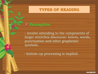 TYPES OF READING


   Perceptive

- involve attending to the components of
larger stretches discourse: letters, words,
punctuation and other graphemic
symbols.

- bottom-up processing is implied.
 