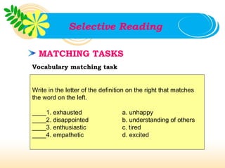 Selective Reading

  MATCHING TASKS
Vocabulary matching task


Write in the letter of the definition on the right that matches
the word on the left.

____1. exhausted                   a. unhappy
____2. disappointed                b. understanding of others
____3. enthusiastic                c. tired
____4. empathetic                  d. excited
 