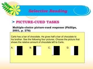 Selective Reading

     PICTURE-CUED TASKS
 Multiple-choice picture-cued response (Phillips,
 2001, p. 276)

Carlo has a bar of chocolate. He gives half a bar of chocolate to
his brother. See the following four pictures. Choose the picture that
shows the relative amount of chocolate left to Carlo.

A.                B.                 C.                 D.
 