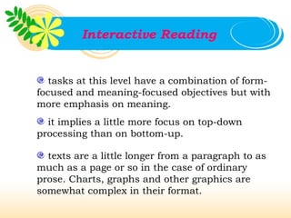 Interactive Reading


   tasks at this level have a combination of form-
focused and meaning-focused objectives but with
more emphasis on meaning.
  it implies a little more focus on top-down
processing than on bottom-up.

  texts are a little longer from a paragraph to as
much as a page or so in the case of ordinary
prose. Charts, graphs and other graphics are
somewhat complex in their format.
 