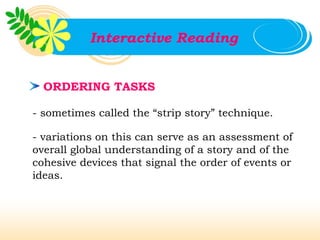 Interactive Reading


  ORDERING TASKS

- sometimes called the “strip story” technique.

- variations on this can serve as an assessment of
overall global understanding of a story and of the
cohesive devices that signal the order of events or
ideas.
 