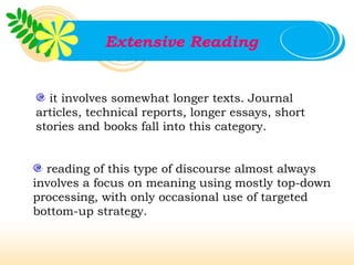 Extensive Reading


  it involves somewhat longer texts. Journal
articles, technical reports, longer essays, short
stories and books fall into this category.


  reading of this type of discourse almost always
involves a focus on meaning using mostly top-down
processing, with only occasional use of targeted
bottom-up strategy.
 