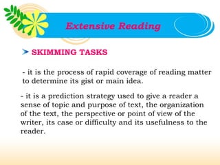 Extensive Reading

   SKIMMING TASKS

- it is the process of rapid coverage of reading matter
to determine its gist or main idea.

- it is a prediction strategy used to give a reader a
sense of topic and purpose of text, the organization
of the text, the perspective or point of view of the
writer, its case or difficulty and its usefulness to the
reader.
 