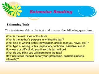 Extensive Reading

 Skimming Task

The test-taker skims the text and answer the following questions.

What is the main idea of this text?
What is the author’s purpose in writing the text?
What kind of writing is this (newspaper, article, manual, novel, etc.)?
What type of writing is this (expository, technical, narrative, etc.)?
How easy or difficult do you think this text will be?
What do you think you will learn from the text?
How useful will the text be for your (profession, academic needs,
interests)?
 