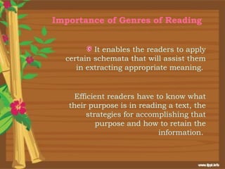 Importance of Genres of Reading


          It enables the readers to apply
  certain schemata that will assist them
     in extracting appropriate meaning.


     Efficient readers have to know what
   their purpose is in reading a text, the
         strategies for accomplishing that
            purpose and how to retain the
                             information.
 