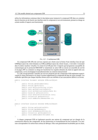 4.2. Du modèle abstrait aux composants EJB                                                               31

utilise les informations contenues dans le descripteur pour instancier le composant EJB dans un container
dont la fonction est de fournir une interface entre le composant et son environnement, prenant en charge un
certain nombre d’aspects non-fonctionnels.




                                      F IG . 4.2 – L’architecture EJB
    Un composant EJB offre des services exposés aux clients sous la forme d’une interface Java de type
EJBObject (pour des client distants) ou EJBLocalObject (pour des clients locaux, c’est-à-dire s’exécutant
dans la même machine virtuelle). Un client d’un EJB peut être n’importe quel programme susceptible de
communiquer par le protocole RMI-IIOP et notamment un autre EJB ou encore un ensemble de servlet
et de pages JSP. Le container se charge de transformer les requêtes distantes du client en appels réels aux
composants, en les enveloppant éventuellement dans un contexte transactionnel.
    Le code suivant présente l’interface de services proposée par des composants EJB implantant respecti-
vement la classe Document et la classe Location appartenant au composant de base de notre exemple. Les
méthodes spéciﬁées par chaque interface donne accès aux attributs et aux associations déﬁnis à ce niveau.
public interface Document extends EJBLocalObject
{
        public String getDocumentId();
        public String getTitle();
        public void setTitle(String title);
        public Date getPublicationDate();
        public void setPublicationDate(Date d);
        public Location getLocation();
        public void setLocation(Location loc);
        public Collection getAuthors();
        public void addAuthor(Researcher r);
}

public interface Location extends EJBLocalObject
{
        public String getLocationId();
        public String getAddress();
        public void setAddress(String a);
        public Collection getDocuments();
        public void addDocument(Document d);
}

   A chaque composant EJB est également associée une maison de composant qui est chargée de la
construction effective des composants, de leur destruction et éventuellement de leur recherche. Ces mai-
sons correspondent à la notion bien connue de fabrique. Elles sont généralement localisables par un client,
 