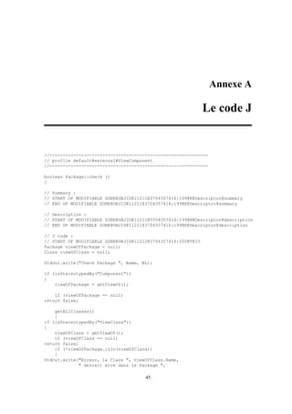 Annexe A

                                                              Le code J


//------------------------------------------------------------
// profile default#external#ViewComponent
//------------------------------------------------------------

boolean Package::check ()
{

// Summary :
// START OF MODIFIABLE ZONE@OBJID@11211@3704357416:199@N@Descriptor@summary
// END OF MODIFIABLE ZONE@OBJID@11211@3704357416:199@E@Descriptor@summary

// Description :
// START OF MODIFIABLE ZONE@OBJID@11211@3704357416:199@N@Descriptor@description
// END OF MODIFIABLE ZONE@OBJID@11211@3704357416:199@E@Descriptor@description

// J code :
// START OF MODIFIABLE ZONE@OBJID@11212@3704357416:200@T@15
Package viewOfPackage = null;
Class viewOfClass = null;

StdOut.write("Check Package ", Name, NL);

if (isStereotypedBy("Component"))
{
    viewOfPackage = getViewOf();

    if (viewOfPackage == null)
return false;

    getAllClasses()
    {
if (isStereotypedBy("ViewClass"))
{
    viewOfClass = getViewOf();
    if (viewOfClass == null)
return false;
    if (!viewOfPackage.isIn(viewOfClass))
    {
StdOut.write("Erreur, la Class ", viewOfClass.Name,
             " devrait etre dans le Package ",

                                      45
 