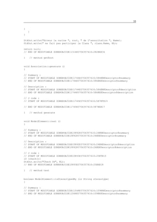 55

}
    }
}

StdOut.write("Erreur la racine ", root, " de l’associtation ", Name);
StdOut.write(" ne fait pas participer la Class ", class.Name, NL);

return null;
// END OF MODIFIABLE ZONE@OBJID@11316@3704357416:282@E@34

}   // method getRoot


void Association::generate ()
{

// Summary :
// START OF MODIFIABLE ZONE@OBJID@11744@3704357416:586@N@Descriptor@summary
// END OF MODIFIABLE ZONE@OBJID@11744@3704357416:586@E@Descriptor@summary

// Description :
// START OF MODIFIABLE ZONE@OBJID@11744@3704357416:586@N@Descriptor@description
// END OF MODIFIABLE ZONE@OBJID@11744@3704357416:586@E@Descriptor@description

// J code :
// START OF MODIFIABLE ZONE@OBJID@11745@3704357416:587@T@15

// END OF MODIFIABLE ZONE@OBJID@11745@3704357416:587@E@17

}   // method generate


void ModelElement::test ()
{

// Summary :
// START OF MODIFIABLE ZONE@OBJID@10892@3704357416:24@N@Descriptor@summary
// END OF MODIFIABLE ZONE@OBJID@10892@3704357416:24@E@Descriptor@summary

// Description :
// START OF MODIFIABLE ZONE@OBJID@10892@3704357416:24@N@Descriptor@description
// END OF MODIFIABLE ZONE@OBJID@10892@3704357416:24@E@Descriptor@description

// J code :
// START OF MODIFIABLE ZONE@OBJID@10893@3704357416:25@T@15
if (check())
StdOut.write("Check Ok", NL);
// END OF MODIFIABLE ZONE@OBJID@10893@3704357416:25@E@18

}   // method test


boolean ModelElement::isStereotypedBy (in String stereotype)
{

// Summary :
// START OF MODIFIABLE ZONE@OBJID@11048@3704357416:109@N@Descriptor@summary
// END OF MODIFIABLE ZONE@OBJID@11048@3704357416:109@E@Descriptor@summary
 