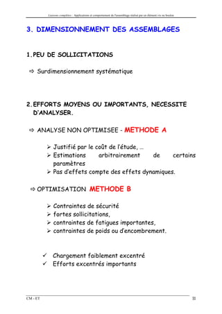 Liaisons complètes : Applications et comportement de l'assemblage réalisé par un élément vis ou boulon




3. DIMENSIONNEMENT DES ASSEMBLAGES


1. PEU DE SOLLICITATIONS

     Surdimensionnement systématique




2. EFFORTS MOYENS OU IMPORTANTS, NECESSITE
   D’ANALYSER.

     ANALYSE NON OPTIMISEE - METHODE A

              Justifié par le coût de l’étude, …
              Estimations      arbitrairement    de    certains
              paramètres
              Pas d’effets compte des effets dynamiques.

     OPTIMISATION METHODE B

              Contraintes de sécurité
              fortes sollicitations,
              contraintes de fatigues importantes,
              contraintes de poids ou d’encombrement.



             Chargement faiblement excentré
             Efforts excentrés importants




CM - ET                                                                                                            11
 