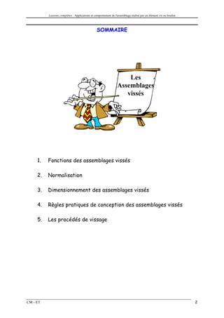 Liaisons complètes : Applications et comportement de l'assemblage réalisé par un élément vis ou boulon



                                                SOMMAIRE




                                                                     Les
                                                                 Assemblages
                                                                    vissés




     1.   Fonctions des assemblages vissés

     2.   Normalisation

     3.   Dimensionnement des assemblages vissés

     4.   Règles pratiques de conception des assemblages vissés

     5.   Les procédés de vissage




CM - ET                                                                                                            2
 