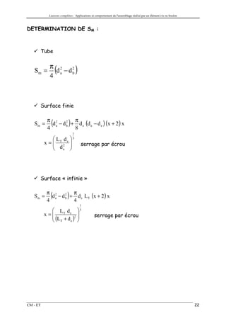 Liaisons complètes : Applications et comportement de l'assemblage réalisé par un élément vis ou boulon



DETERMINATION DE SM :



          Tube

             π 2
   Sm =
             4
                  (
               da − d2
                     b              )


          Surface finie

            π 2          π
   Sm =
            4
              (       2

                         8
                            )
              d a − d b + d e (d a − d e ) (x + 2 ) x
                                1
              L d             3
           x = T2 e
               d                      serrage par écrou
               a 




          Surface « infinie »

            π 2          π
   Sm =
            4
              (       b
                         4
                           )
              d a − d 2 + d e L T (x + 2 ) x
                                        1
               LT de                  3
           x =           
               (L + d )2                      serrage par écrou
               T     e   




CM - ET                                                                                                               22
 