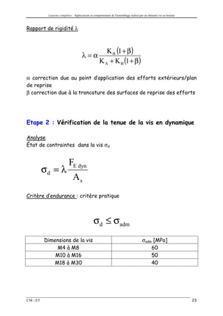 Liaisons complètes : Applications et comportement de l'assemblage réalisé par un élément vis ou boulon



Rapport de rigidité λ



                                                       K B (1 + β)
                                      λ=α
                                                    K A + K B (1 + β)

α correction due au point d’application des efforts extérieurs/plan
de reprise
β correction due à la troncature des surfaces de reprise des efforts




Etape 2 : Vérification de la tenue de la vis en dynamique

Analyse
État de contraintes dans la vis σd


                           FE dyn
          σd = λ
                              As
Critère d’endurance : critère pratique



                                               σd ≤ σadm
          Dimensions de la vis                                                        σadm [MPa]
               M4 à M8                                                                    60
              M10 à M16                                                                   50
             M18 à M30                                                                    40




CM - ET                                                                                                             23
 