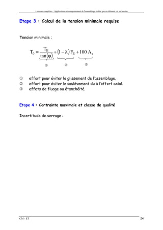 Liaisons complètes : Applications et comportement de l'assemblage réalisé par un élément vis ou boulon



Etape 3 : Calcul de la tension minimale requise


Tension minimale :


                         + (1 − λ ) FE + 100 A s
                   TE
          T0 =
                 tan (ϕ)
                      1                     2                     3



1     effort pour éviter le glissement de l’assemblage.
2     effort pour éviter le soulèvement du à l’effort axial.
3     effets de fluage ou étanchéité.



Etape 4 : Contrainte maximale et classe de qualité

Incertitude de serrage :




CM - ET                                                                                                              24
 