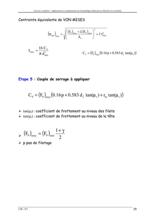 Liaisons complètes : Applications et comportement de l'assemblage réalisé par un élément vis ou boulon



Contrainte équivalente de VON MISES


                                               (F ) + λ (FE )max 
                                                                                   2

                             (σ )équ max    =  0 max
                                                                  + 3 τ2
                                                                        max
                                                     As          

                    16 CT
          τ max =
                    π d3
                       équ
                                                                     CT = (F0 )max (0.16 p + 0.583 d 2 tan(µs ) )




Etape 5 : Couple de serrage à appliquer



          CS = (F0 )moy (0.16 p + 0.583 d 2 tan(µs ) + rm tan(µ t ) )


   tan(µf) : coefficient de frottement au niveau des filets
   tan(µt) : coefficient de frottement au niveau de la tête



   (F0 )moy = (F0 )min 1 + γ
                                          2
   p pas de filetage




CM - ET                                                                                                               25
 
