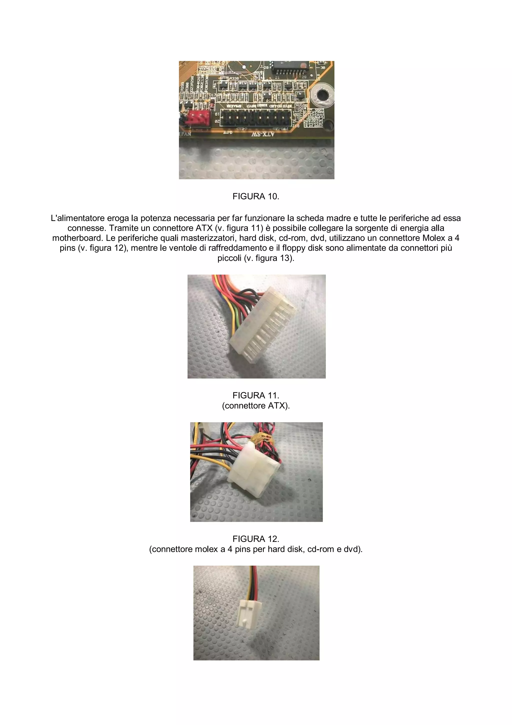 FIGURA 10.

L'alimentatore eroga la potenza necessaria per far funzionare la scheda madre e tutte le periferiche ad essa
     connesse. Tramite un connettore ATX (v. figura 11) è possibile collegare la sorgente di energia alla
motherboard. Le periferiche quali masterizzatori, hard disk, cd-rom, dvd, utilizzano un connettore Molex a 4
   pins (v. figura 12), mentre le ventole di raffreddamento e il floppy disk sono alimentate da connettori più
                                                piccoli (v. figura 13).




                                                FIGURA 11.
                                             (connettore ATX).




                                               FIGURA 12.
                          (connettore molex a 4 pins per hard disk, cd-rom e dvd).
 