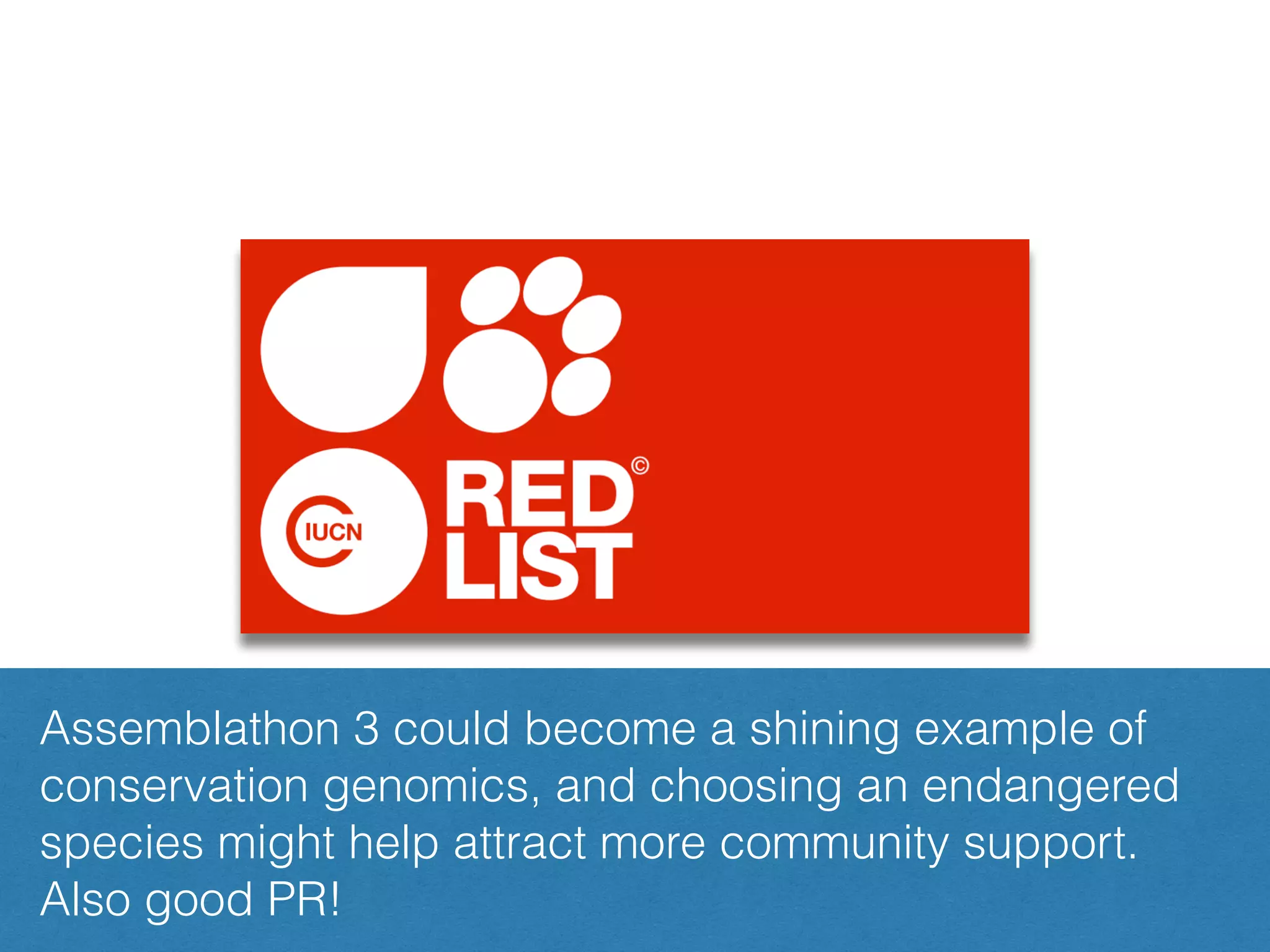 How about an endangered species?
Assemblathon 3 could become a shining example of
conservation genomics, and choosing an endangered
species might help attract more community support.
Also good PR!
 